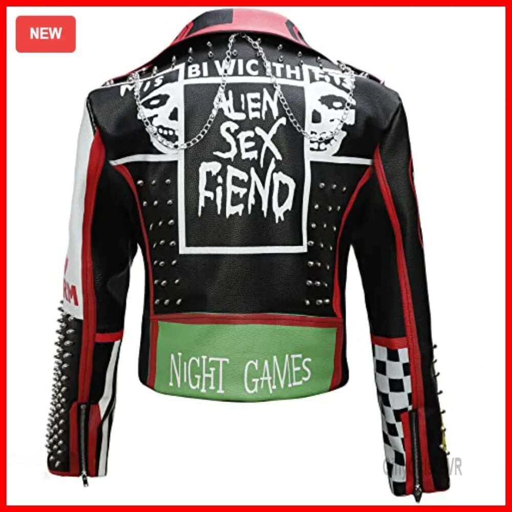 Faux Leather Punk Biker Jacket with Studs, Slim Fit, Long Sleeve